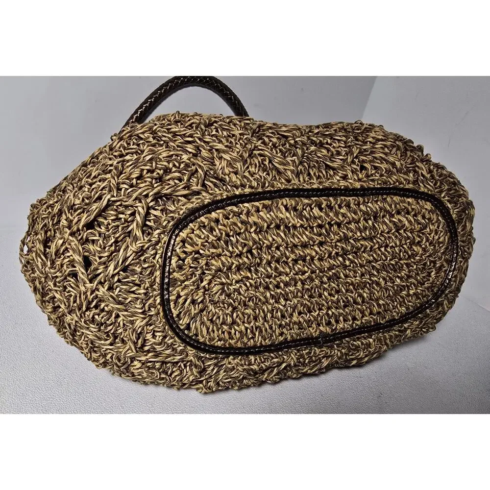 BRIGHTON VINTAGE Woven Straw Shoulder Hobo Bag Bronze Leather Trim Charm